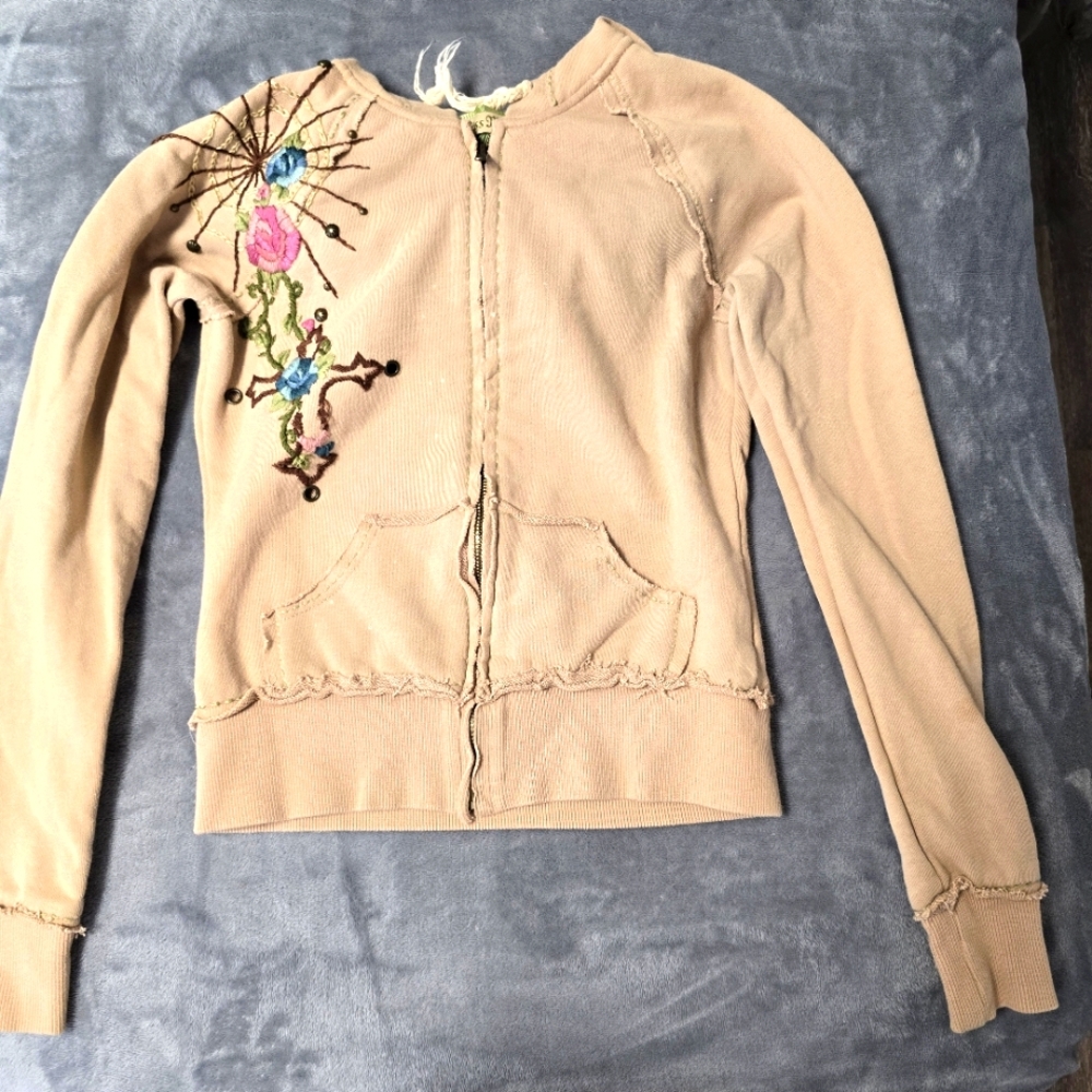 Miss Me Embroidered Tan Cropped Hoodie Jacket Womens Size S Thrashed Distressed‎
